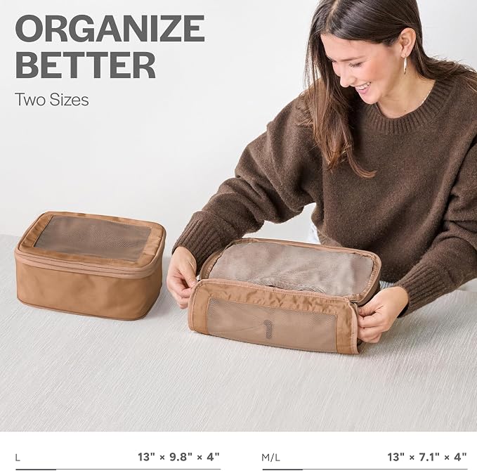 Compression Packing Cubes for Travel, 2-Pack, Mocha | Solves overpacking, 2-Piece set fits most carry-ons, 50% Space savings, Compression luggage organizer bags