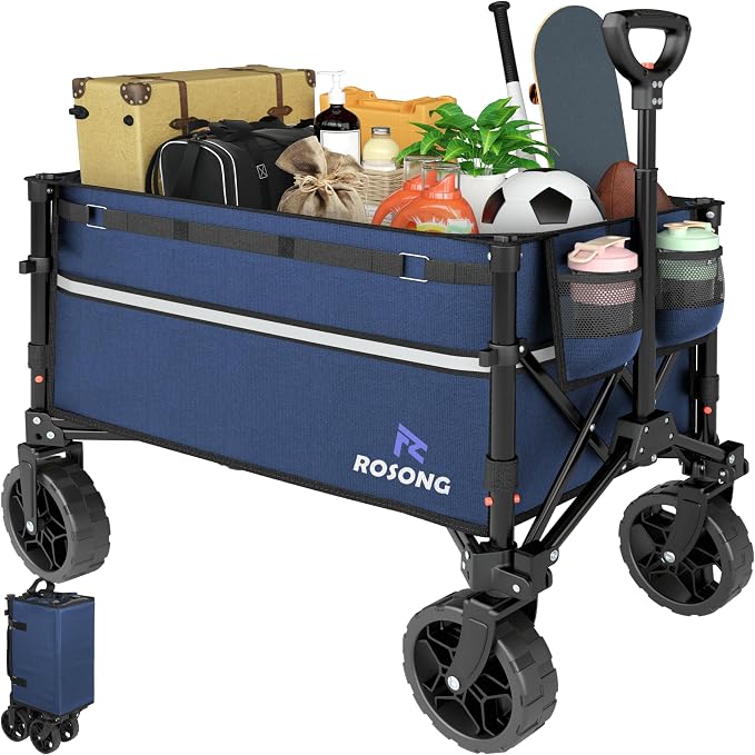 ROSONG Collapsible Wagon Cart with Wheels Foldable - Folding Utility Heavy Duty Wagons Carts for Grocery Sports Garden Shopping Camping Wheelbarrows (Navy Blue, 120L)
