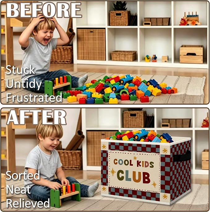 Kids Nursery Playroom Cube Storage Bins with Handles, Cool Kids Club Checkered Collapsible Fabric Storage Basket Boxes Books Clothes Organizer for Girls Boys Room Bedroom Bathroom