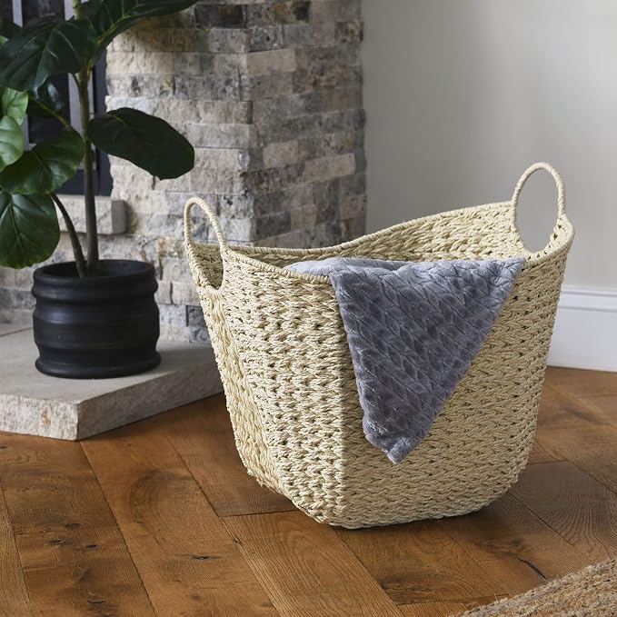 Household Essentials Cream Paper Rope Basket with Handles, Natural Woven Storage Basket