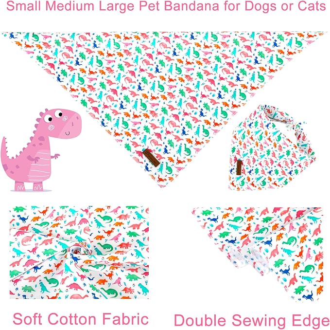 Dinosaur Dog Bandana - Comfortable Cotton Triangle Bid Scarf for Medium Large Dogs - Washable Pet Kerchief for Boys and Girls - Colorful Cute Classic Dinosaur Design