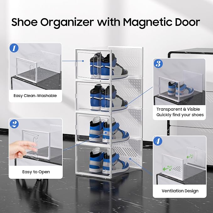 Large Shoe Organizer Storage Box with Magnetic Door,12 Pack Clear Plastic Stackable Sneaker Containers for Closet, Connect Left and Right Shoe Box for Entryway, Drop Front, Under Bed (White)