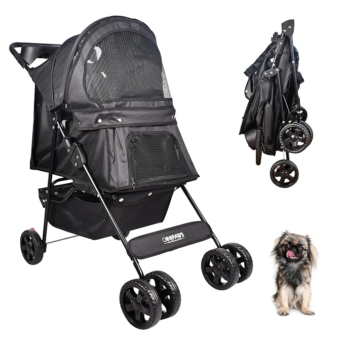 Jespet 4-Wheel Promenade Pet Stroller, Foldable Stroller with Cup Holder | Foldable Dog Stroller, Storage Basket & Cup Holder, Breathable and Visible Mesh for All-Season