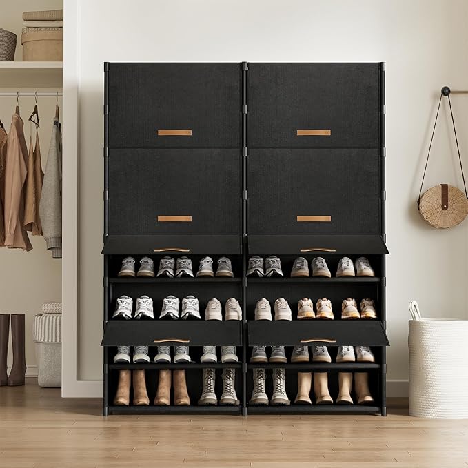 2 by 9 Tier Shoe Cabinet, 54-Pair Storage for Closet,Black | Max Capacity for Large Families, Remove Layer for Boots, Split into 2 Units, Door Blocks Dust & Pets