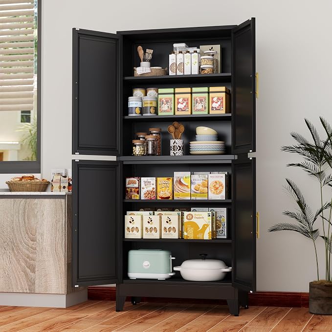 75" Tall Kitchen Pantry Cabinet, Black Metal Pantry Storage | Storage Cabinet with Doors and 3 Adjustable Shelves, Steel Storage, Bathroom cabinets Organizer, Cupboard for Home, Office