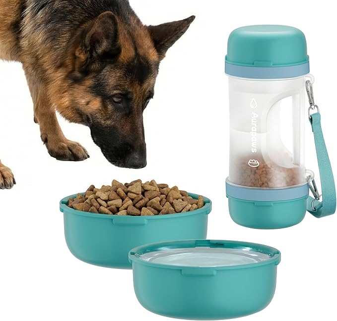 Dog Water Bottle with 33.5oz Water & 13.5oz Food Dispenser, 2 Detachable Bowls with Shoulder Strap, Leakproof Portable Travel Water Bottle for Pets Outdoor Walking, Hiking, Camping, Large