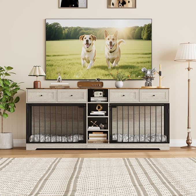 Dog Crate Furniture for 2 Dogs, Double Dog Crate TV Stand, Washed White | 82" Large Dog Kennel Indoor with 4 Storage Drawers and 4 Shelves, Suitable for Small, Medium and Large Dogs