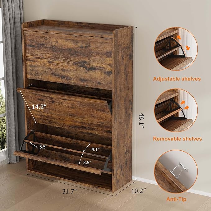 GarveeHome Shoe Cabinet with 3 Flip Drawers, Wooden Shoe Organizer Cabinet with Adjustable Shelf, Shoe Storage for Entryway, Hidden Shoe Cabinet for Hallway, Living Room, Rustic Brown