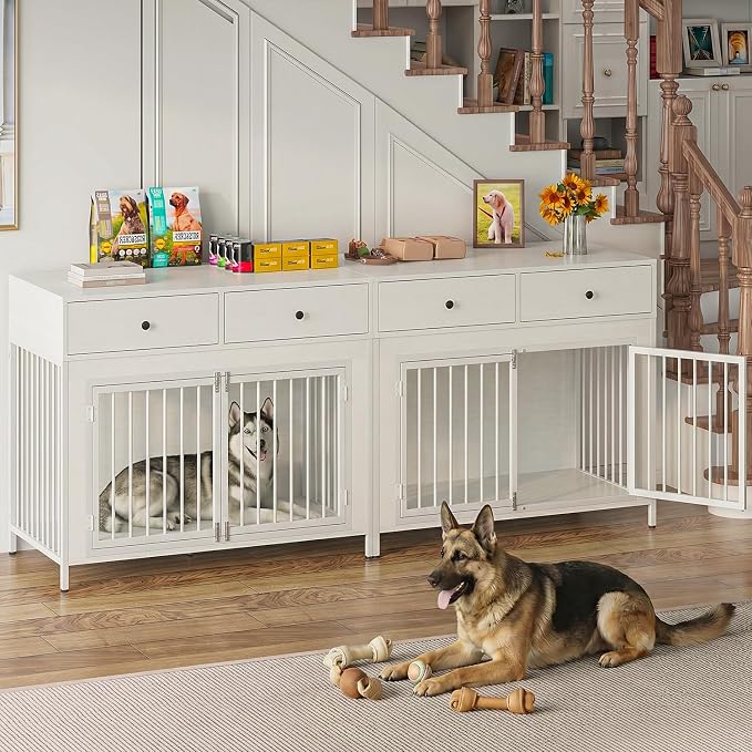 PUKAMI Large Dog Crate Furniture with 2 Drawers, 44 Inch Wooden Dog Kennel Indoor, Crate Furniture as Decorative End Table, Cage Furniture for Small Medium Large Dogs (New White, 2-Pack Set)
