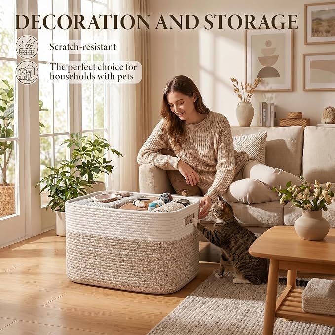 Blanket Basket, Cotton Rope Woven Storage Basket for Living Room, Toy Bin for Kids, Nursery, Baby Room Decorative Organizer, 18''×14''×12'', Brown & White