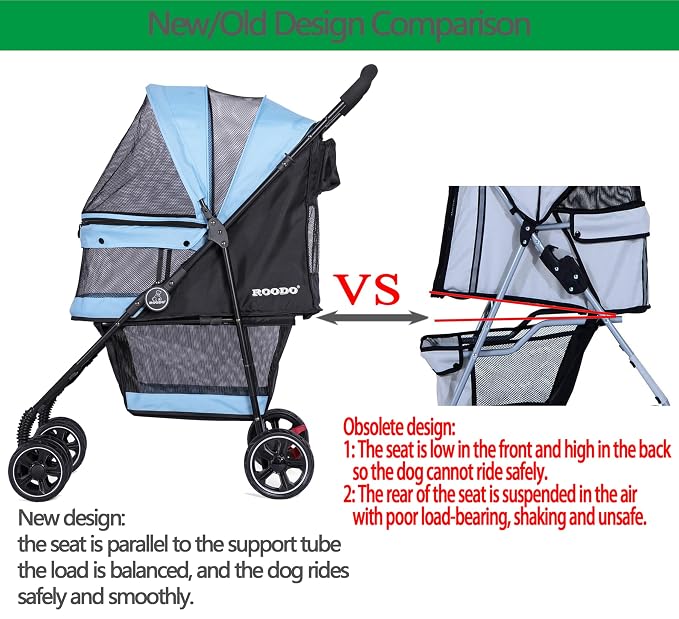 ROODO 4 Wheel Dog Cat Pet Stroller Best Lightweight Foldable Compact Portable Jogger All Terrain Travel Pet Gear Puppy Doggie Bunny Kitty Stroller for up to 30lbs Medium Small Dogs Cats(Sky Blue)