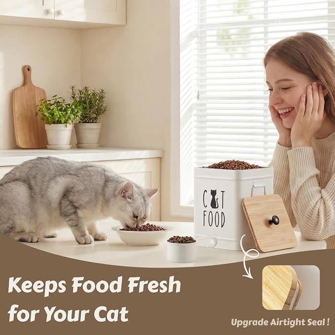 PERFNIQUE Cat Food Storage Container, Airtight Cat Treat Container with Bamboo Lid, Pet Food Storage for Kitchen Countertop, Treat Jars for Pets, Cat Food Container (White, with Spoon)