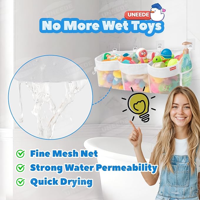 UNEEDE 4.95 Gallons 3 Compartment Horizontal Bath Toy Storage | Extra Large Capacity,Mesh Quick Dry Bathtub Storage and Organizer,Easy Access Baby Bath Toy Holder Shower Caddy