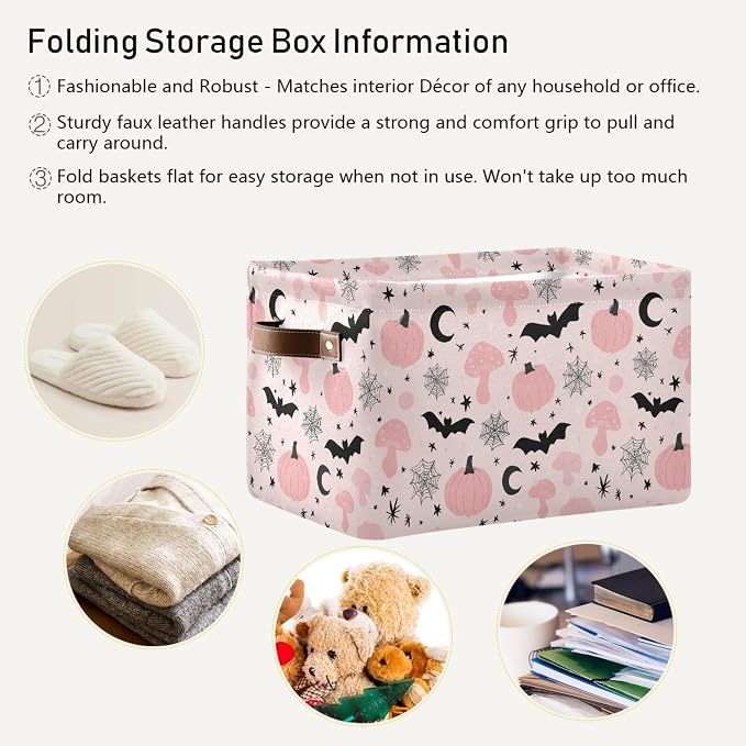 Happy Halloween Pink Storage Basket with Waterproof Liner and PU Handles Pumpkin Bat Moon Mushroom Storage Bins Boxes 14.2" Collapsible Decorative Organizer Baskets for Bedroom Closet Office 2 Pack