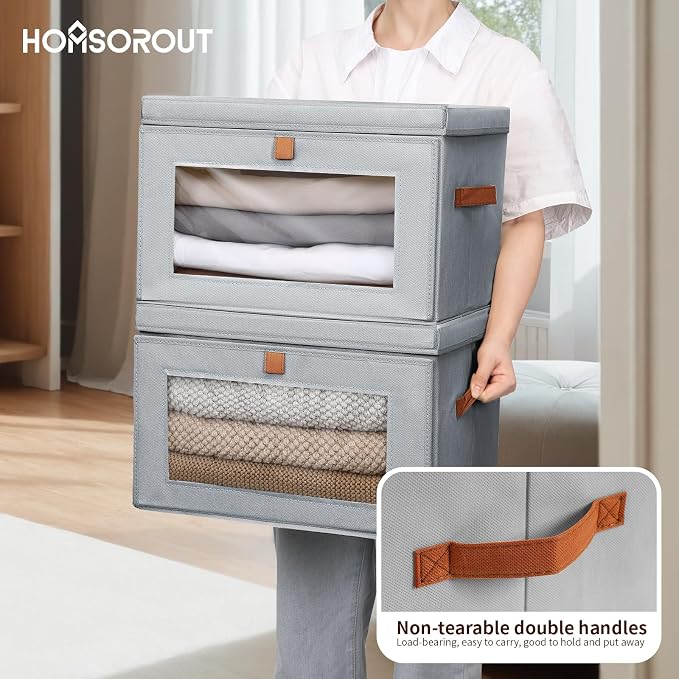 Large Closet Storage Organizer - Clothes Storage Bins with Handles & Window, Collapsible Decorative Boxes with Lids, Fabric Containers for Living Room, Dorm, 5 Pack, Grey