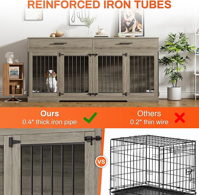 Rophefx 72" Double Dog Crate Furniture with Drawers and Divider, Grey | Wooden dog kennel for 2 medium dogs with 2 drawers, removable divider, 4 bowls and TV stand top