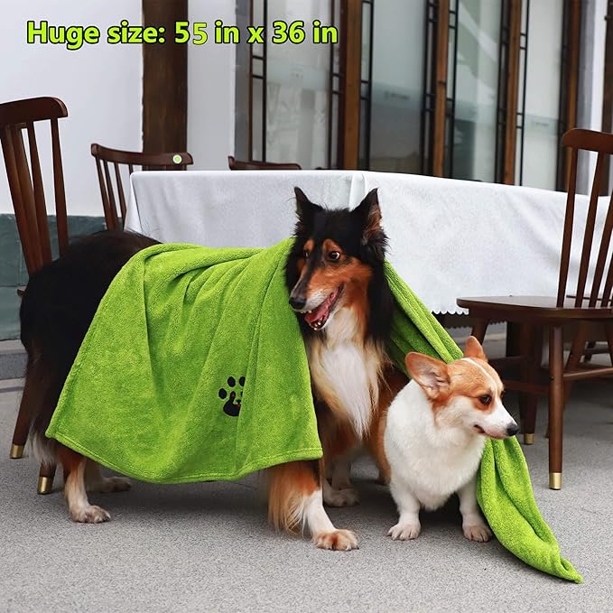 Dogvingpk Extra Large Dog Towel - Pack of 2 - Super Absorbent Soft Microfiber Pet Bath Grooming Towels for Drying Dogs and Other Pets (XL-55" * 36", Green and Brown)