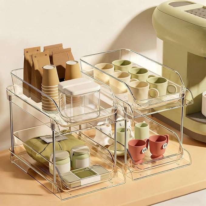 Under Sink Pull Out Organizer 2 Tier | Transparent Acrylic Shelves for Easy Viewing | Stackable Storage for Bathroom/Kitchen/Pantry | 2 Baskets, No Tools Needed