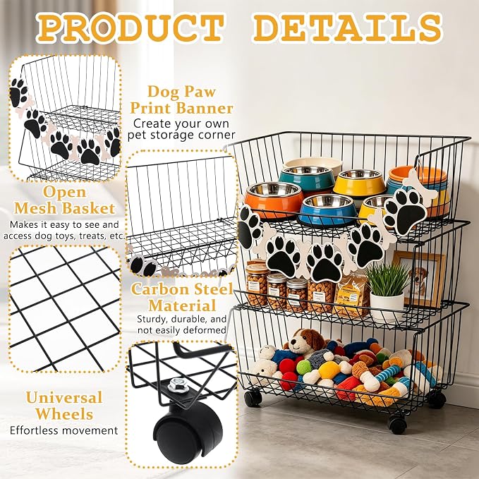 Metal Dog Toy Storage Rack, 19" x 10.6" x 24" Rolling Pet Organizer Bin with Wheels, 3 Tier Detachable Wire Basket Shelf for Toys Treats & Supplies, Large Dogs Toy Storage Holder for Home