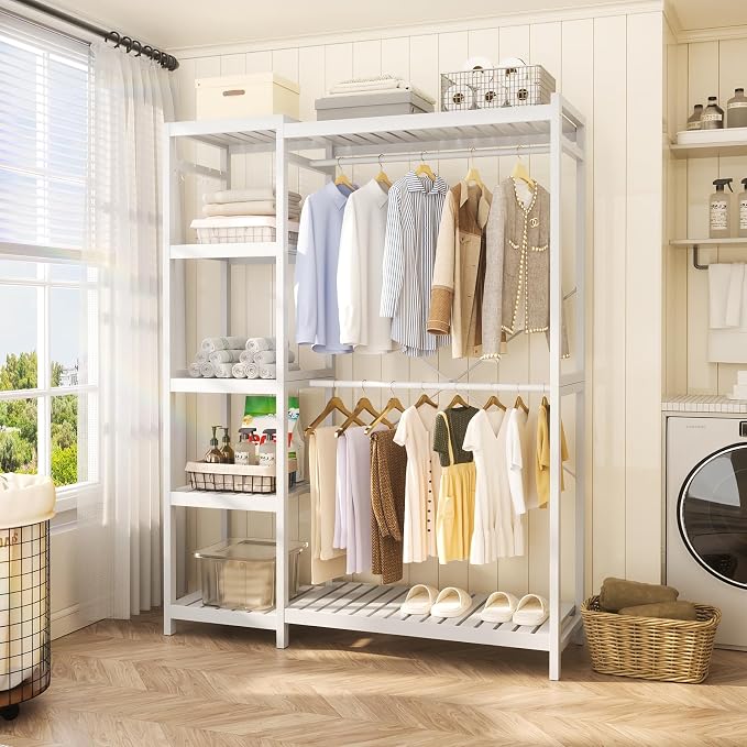 Bamboo Closet System Set of 2, 41.4” Wide Clothing Rack, Pure White | Freestanding Clothes Rack with 14 Adjustable Shelves, 4 Rods, 8 Hooks, Open Wardrobe Organizer, Wood Garment Rack for Bedroom