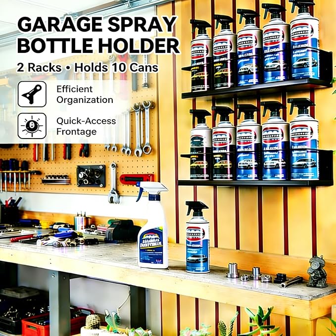 2 Pack Wall-Mounted Spray Bottle Holder, Heavy-Duty Steel Black Aerosol Can Storage Rack with 10 Holes, Spray Paint Can Organizer for Garage, Shop, Home, Tool Trailer & Service Truck
