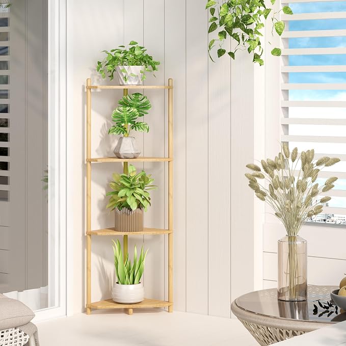 Wisuce Natural Small Corner Shelf Stand, 4-Tier Bamboo Corner Bookshelf | Space-Saving Narrow Corner Shelf | Bathroom Corner Shelf | Shelves for Bedroom, Living Room, Kitchen & Plant Display