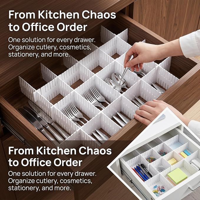 20 PCS Drawer Divider with 25 Accessories, Adjustable Drawer Organizer Inserts, 12.6" x 2.76" x 0.08" White Drawer Plastic Separators for Clothes, Kitchen, Bathroom, Office Storage