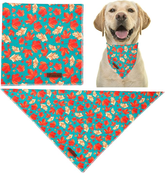 Fall Dog Bandana – Green Maple Leaf Triangle Scarf for Small Medium Large Dogs, Soft Cotton Pet Bib for Autumn Thanksgiving, Adjustable Dog Kerchief for Seasonal Outings