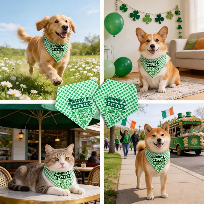 Dog Bandanas for St. Patricks Day 2-in-1 Daddy's/Mommy's Little Lucky Charm - Double-Sided Green Plaid, Pet Lucky Holiday Costumes Scarf with Snap Button, Small & Medium Breeds (5-30lbs)
