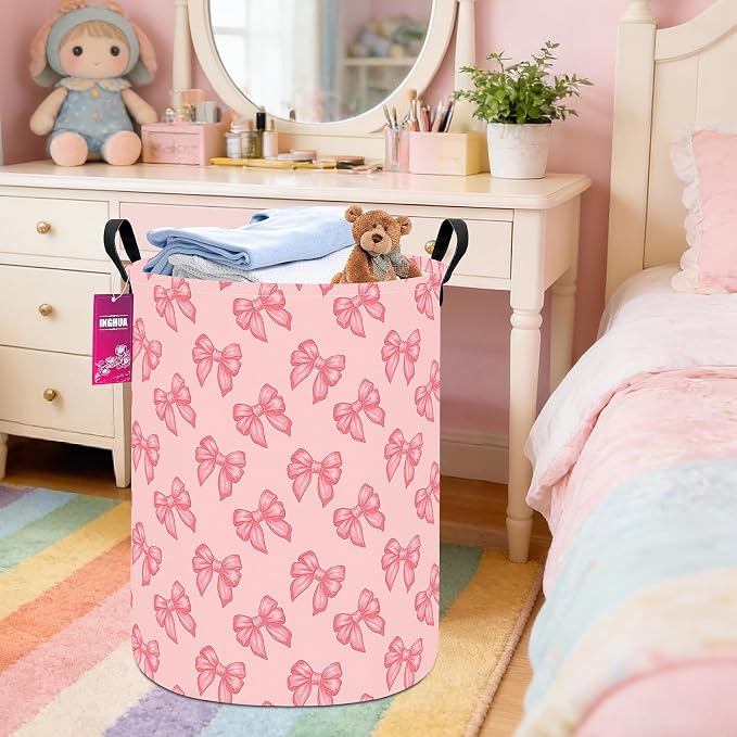 Laundry Hamper Large Canvas Fabric Storage Basket Pink bowknots | Organizer Bin Dirty Clothes Collapsible Waterproof for College Dorms, Boys and Girls Bedroom,Bathroom