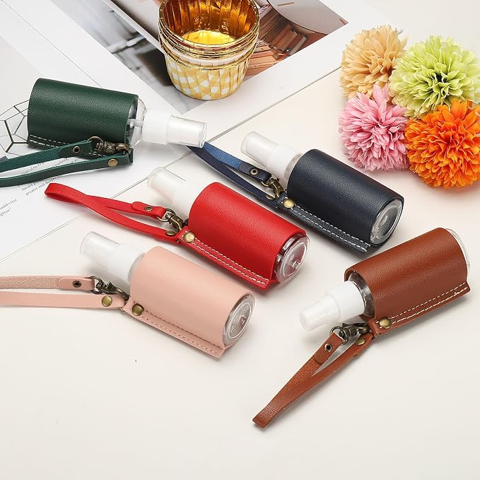 uxcell Travel Empty Spray Bottles with Leather Bag Holders, 30ml Refillable Leakproof Bottle Travel Size, Portable Hand Soap Containers for Cosmetic Perfume Air Freshener,Dark Green