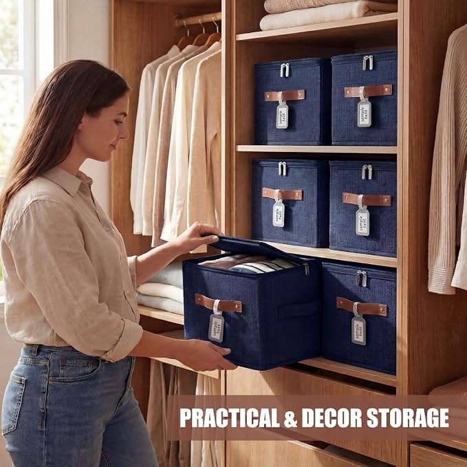 6 Pack Fabric Closet Storage Bins with Zipper Lids and Label, 10×8×7In Large Size Foldable Cotton Linen Storage Cubes Boxes with PU Leather Handles Holders for Bedroom, Nursery, Dark Blue