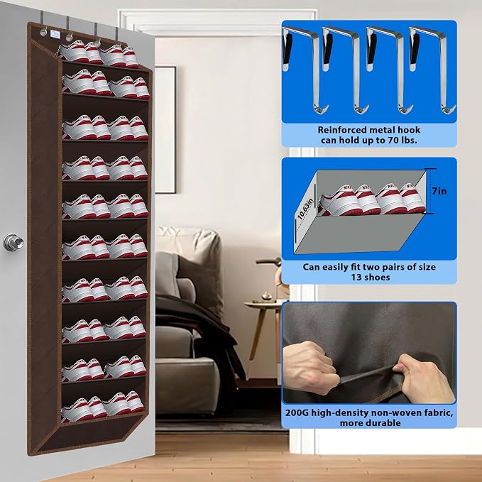 10 Tiers Shoe Organizer for Closet, 20 to 30 Pairs Shoe Rack Door | Extra Deep Pockets Over the Door Shoe Organizer for Dorm and Back Door, Heavy Duty Anti-Scrath Hanging Hooks Shoe Storage