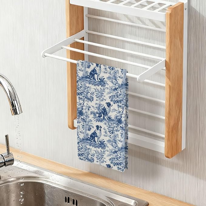 Australian Shepherd Kitchen Dish Towels,Blue and White Floral Dog Towel Dish Tea Towels, Chinoiserie Decor for Kitchen Bathroom,Australian Shepherd Gifts for Dog Lover Mom Dad,16x24 Inch