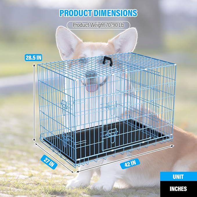 Large Dog Crate Kennel Metal Dog Cage for Medium Large Dogs Double-Door Folding Travel Indoor Outdoor Puppy Playpen with Divider and Handle Plastic Tray,42",Blue
