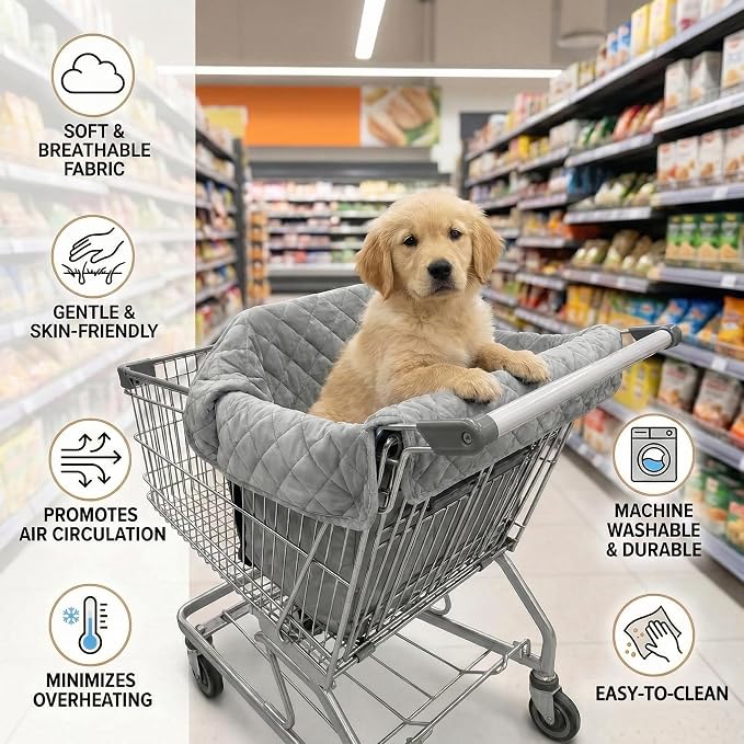 Pet Shopping Cart Cover for Dogs Cats: Soft Breathable Grocery Cart Cover | Hammock, Seat Cushion & High Chair Cover With Storage Pouch, Easy to Attach, Remove & Clean, Machine Washable & Portable
