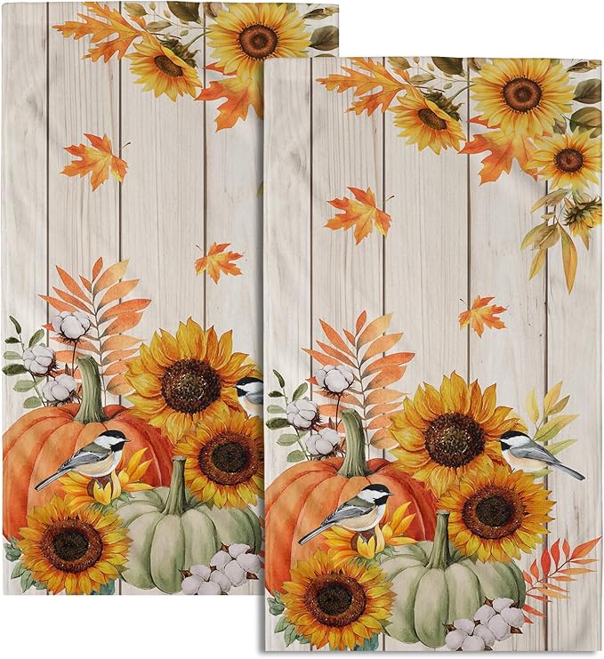 Giwawa 2PCs Fall Autumn Towel- Orange Green Pumpkin Sunflowers Birds Wood Board Hand Face Towels- Thanksgiving Harvest Leaf Soft Microfiber Dish Towel for Bathroom Guest Season Hotel Gym Decor