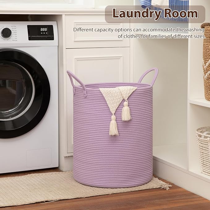 OIAHOMY 60L Nursery Hamper Laundry Basket Laundry Hamper Purple | collapsible Blanket Basket Cotton Rope Woven Basket Dirty Clothes Hamper Baby Hamper Tall Clothes Hamper with Handles