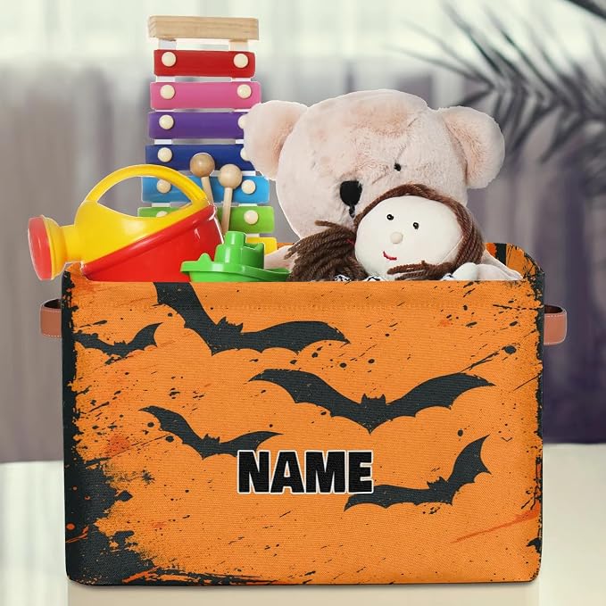 Personalized Storage Bins for Boys, Customized Name Watercolor Ink Orange Black Bat Storage Basket Rectangle Clothes Organizer for Organizing Kids and Pets Toys Shelf Closet