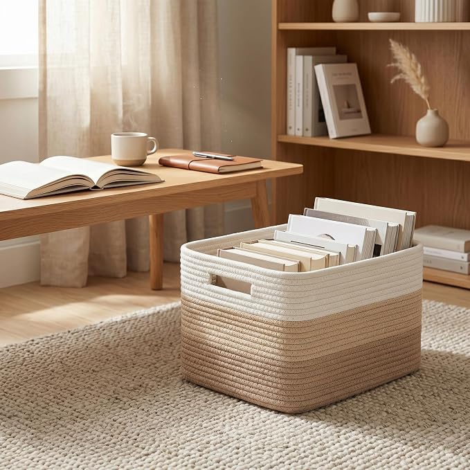 4 sets of hand-woven cotton rope storage boxes, suitable for toys, books, clothes, bathrooms, car trunks used for organizing decoration, Khaki color Two 16x14x7 in two 14x10x7in