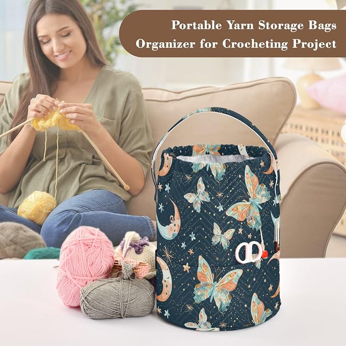 Fustylead Watercolor Hand Draw Butterflies and Moon Stars Yarn Crochet Tote Basket, Large Knitting Drawstring Organizer Yarn Storage Bag for Crocheting Project, Sewing Supplies, Yarn Balls, Needles