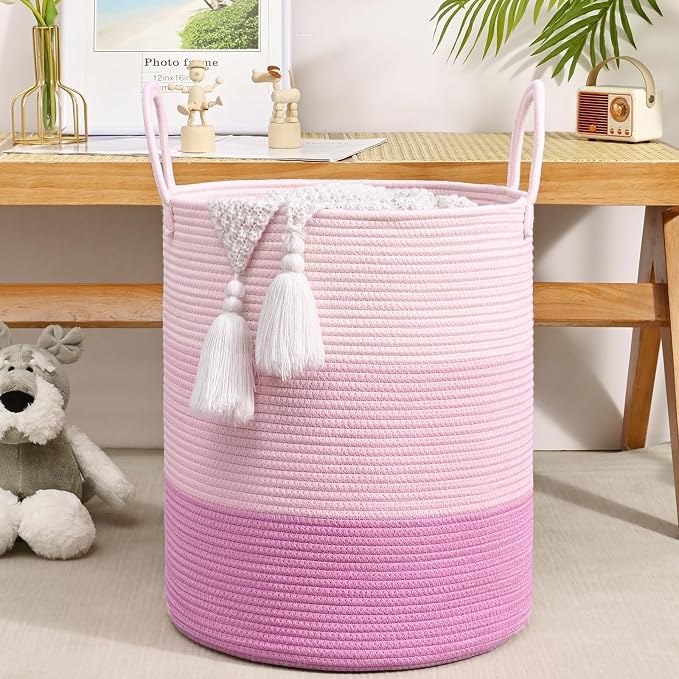 Laundry Hamper for Organizing, 52L Large Laundry Baskets, Cotton Rope Woven Blanket Basket, Collapsible Laundry Hamper for Living Room, Nursery, 15"×18", Pink