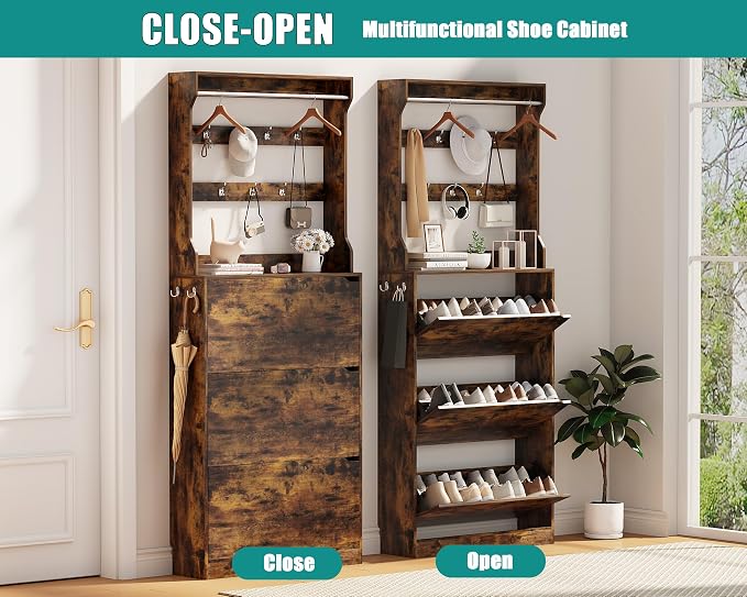 Shoe Cabinet for Entryway with 3 Flip Drawers, Brown Tall Wood Shoe Storage Cabinet with Coat Rack, Narrow Hidden Slim Freestanding Shoe Rack Organizer, 2 in 1 Hall Tree for Living Room, Hallway