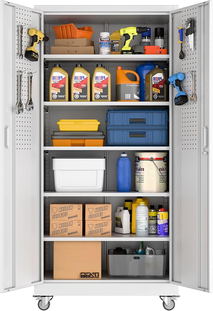 Reemoon White Metal Storage Cabinet with Wheels, Lock and Pegboard | 71 x 32 x 16 in steel cabinet with 5 adjustable shelves, locking doors, casters and door pegboard; assembly required.
