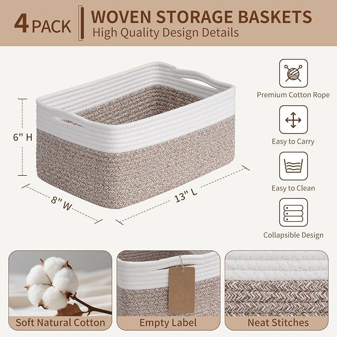 Goodpick 4 Pack Storage Baskets for Organizing Shelves, Brown & White | 13" x 8" x 6" Woven Rope Baskets for Baby Toys, Diapers & Nursery Essentials, Decorative Gift Basket for Home Organization
