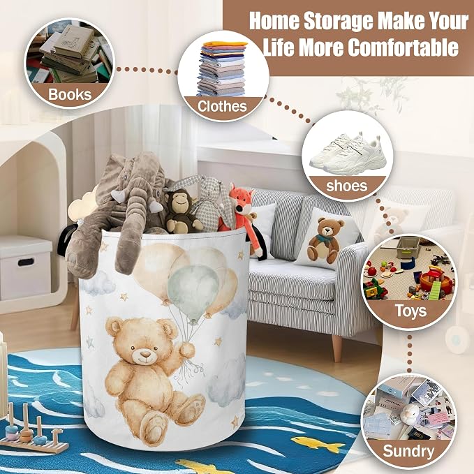 Cute Bear Laundry Basket,Waterproof Foldable Laundry Hamper,Dirty Clothes Laundry Basket, Linen Bin Storage Organizer Collection 16" x 20.8"