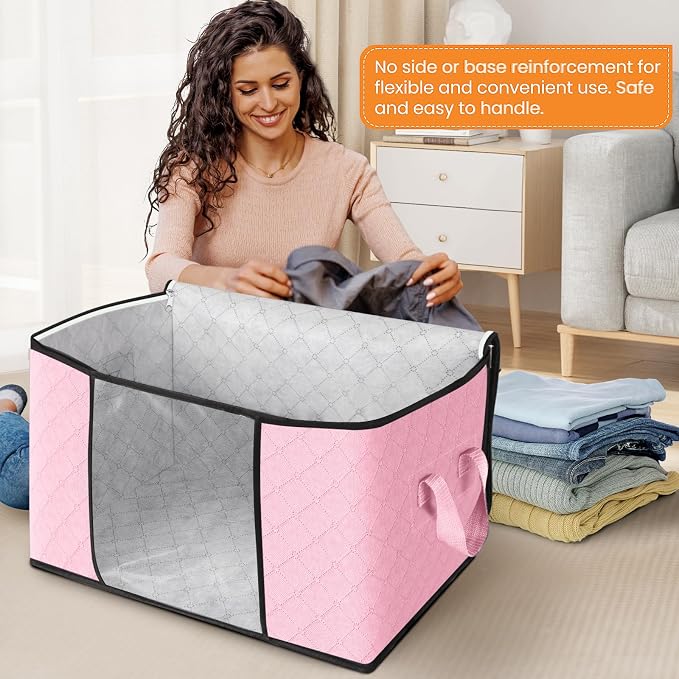 90L Clothes Storage, Foldable Thick Fabric Blanket Storage Bags | Foldable Containers with Zippers,Window and Handles for Organizing Bedroom, Closet, Comforter, Bedding,Dorm essentials