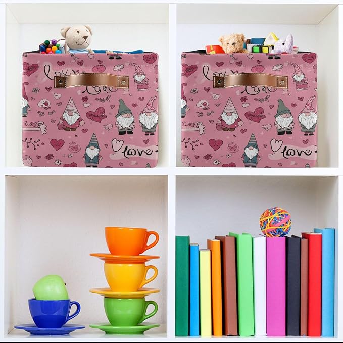 Happy Valentines Day Pink Storage Basket with Waterproof Liner and PU Handles Love Gnome Flowers Gift Storage Bins Boxes 14.2" Collapsible Decorative Organizer Baskets for Bedroom Closet Office 1 Pack