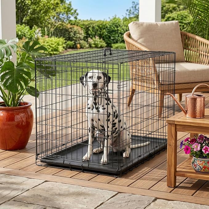 FDW Dog Crate 48-Inch Dog Cage Foldable Metal Kennel with Leakproof Tray Foldable Design Indoor Outdoor Use for XL Large Dogs,Dark Black