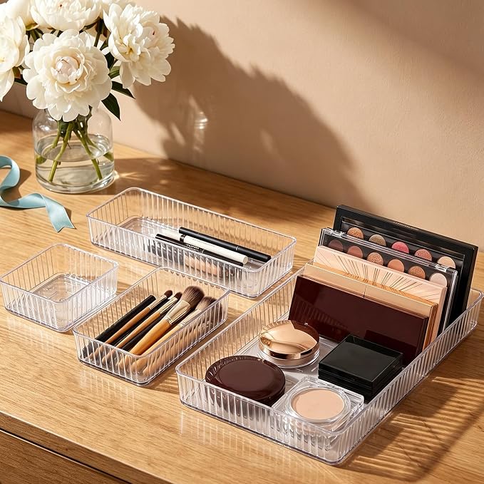 10pcs Pet Makeup Jewelry Organizer Drawer Trays with 4 Sizes, Flexible Divider System and Stackable Design for Bathroom Counter and Vanity Storage